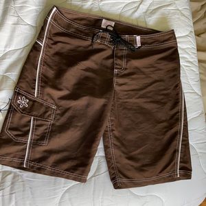 Maui Built Board Shorts -Brown with white trim and stitching, built in wax comb
